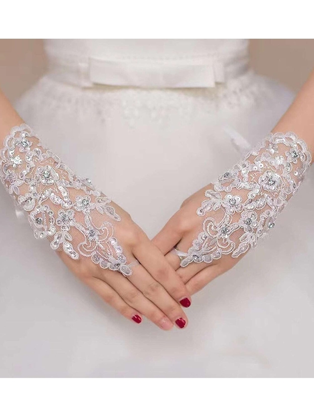 Lace Fingerless Gloves with Sequin Embellishments - White